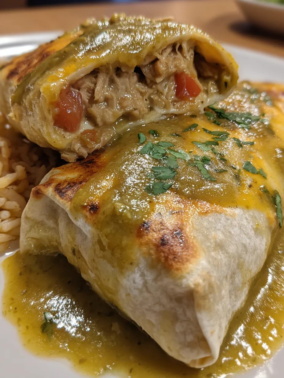 A plate of chili verde burritos with hatch green chile sauce.