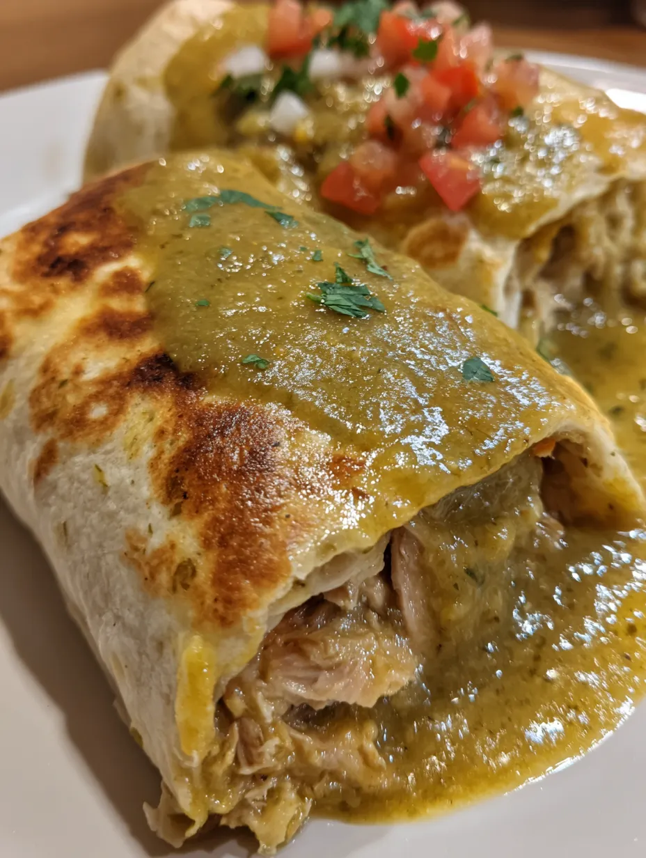 A burrito with chili verde sauce and tomatoes.
