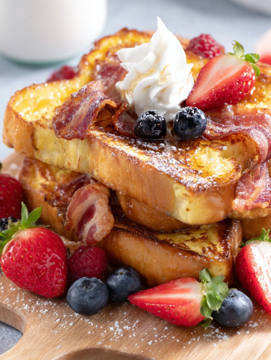 A stack of French toast with strawberries and blueberries on top.