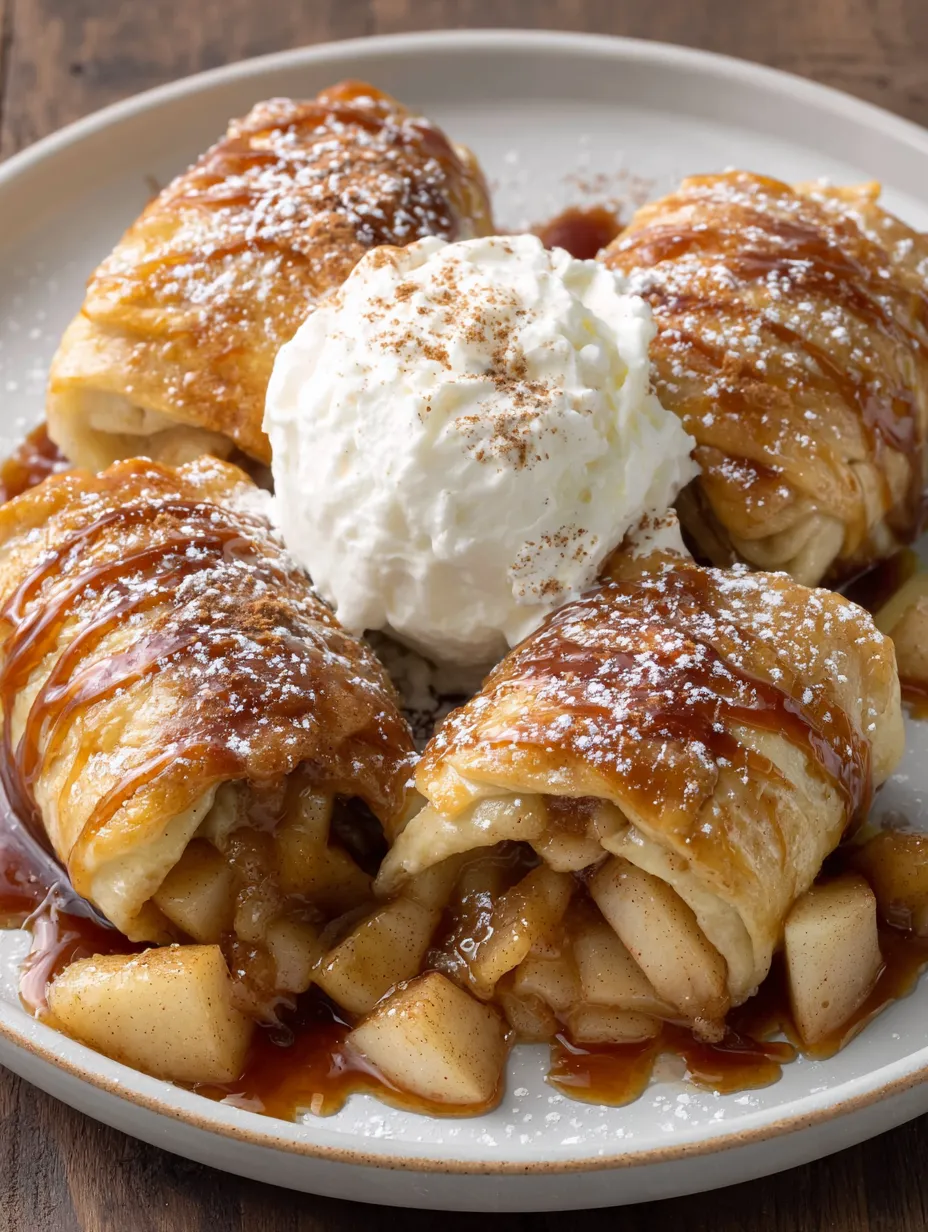 A plate of crescent roll apple dumplings with a dollop of whipped cream on top.