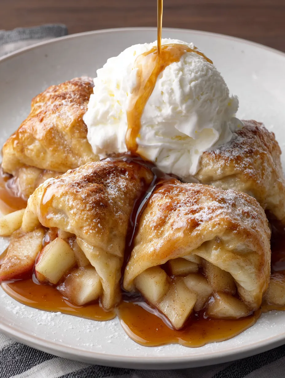 A plate of crescent roll apple dumplings with a dollop of whipped cream on top.
