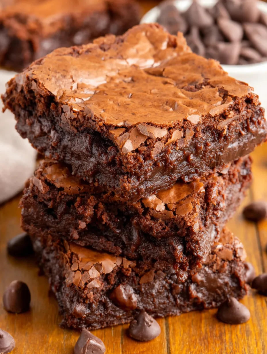 Flourless brownies stacked on a table.