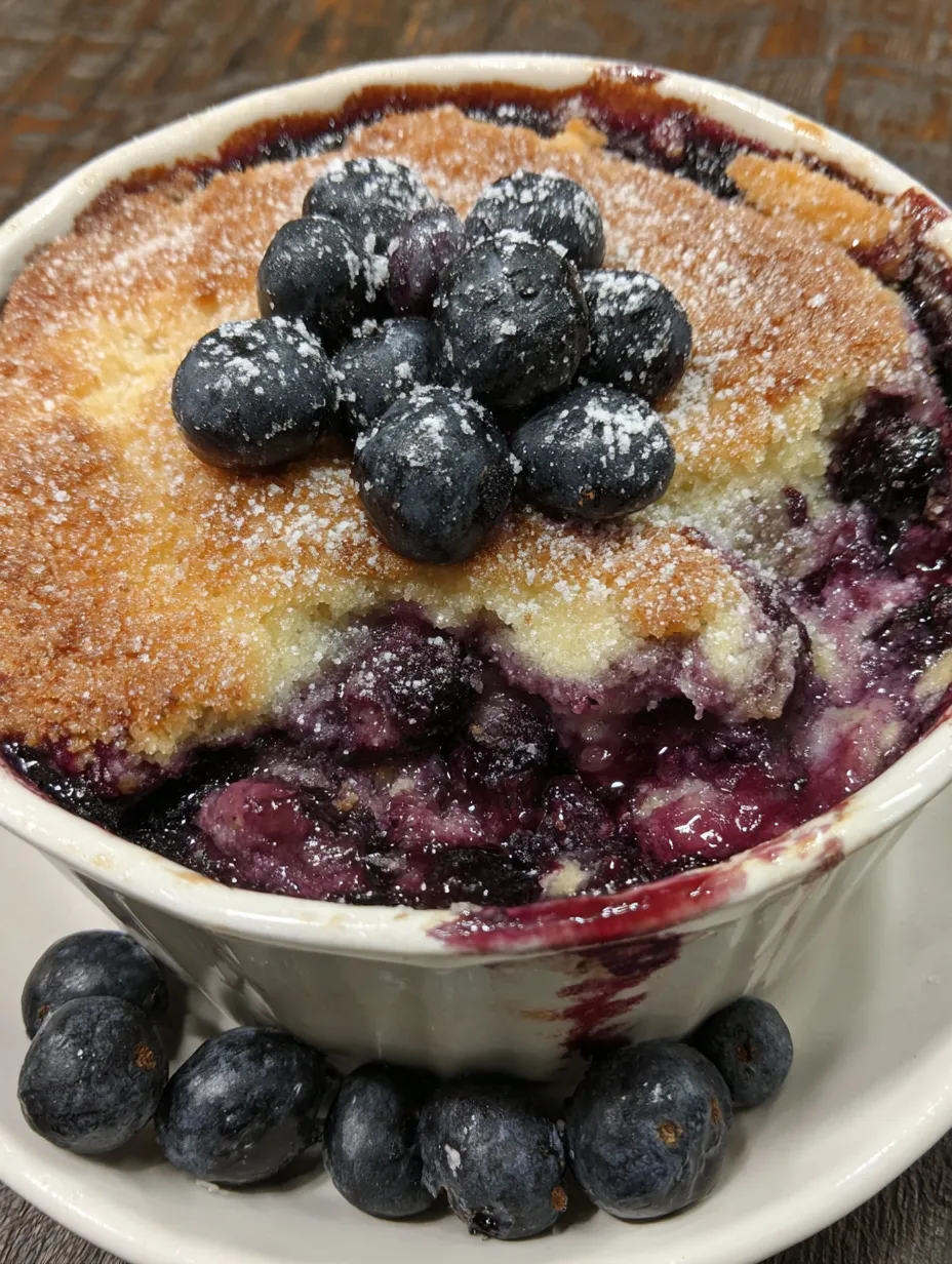 A bowl of blueberry cobbler with blueberries on top.