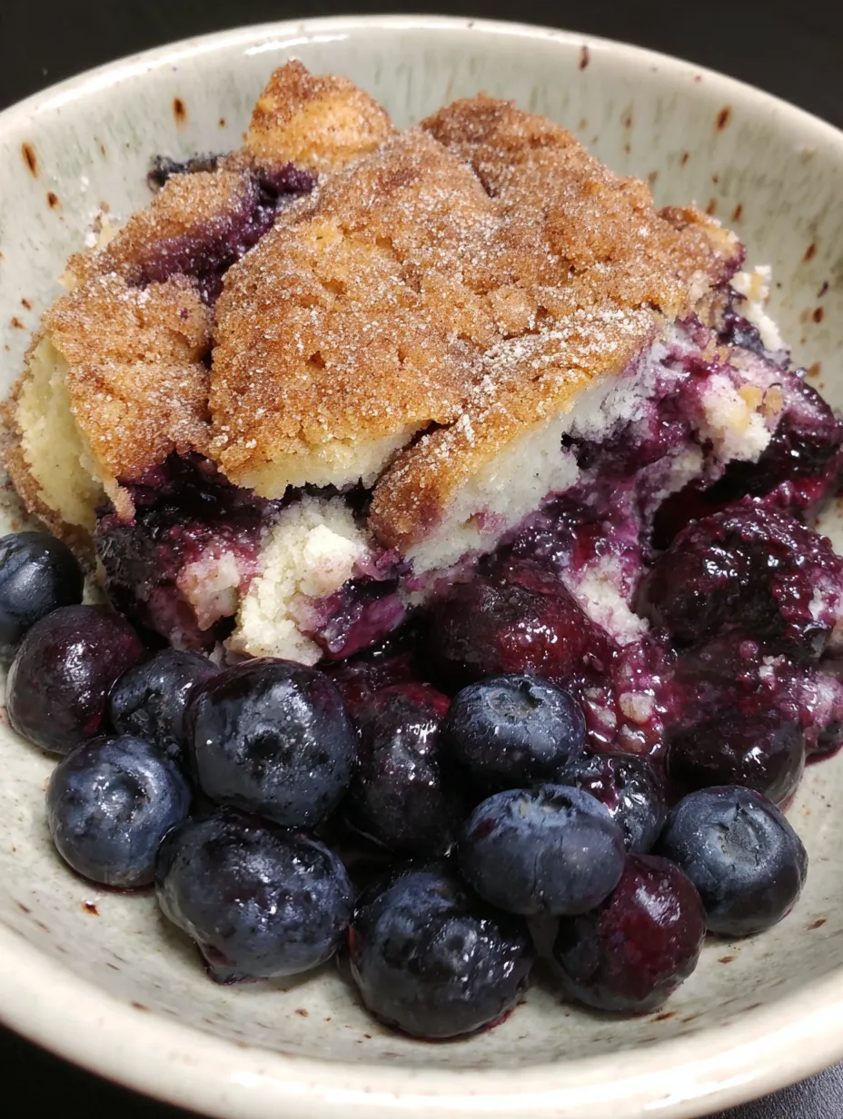 A bowl of blueberry cobbler with a spoon in it.