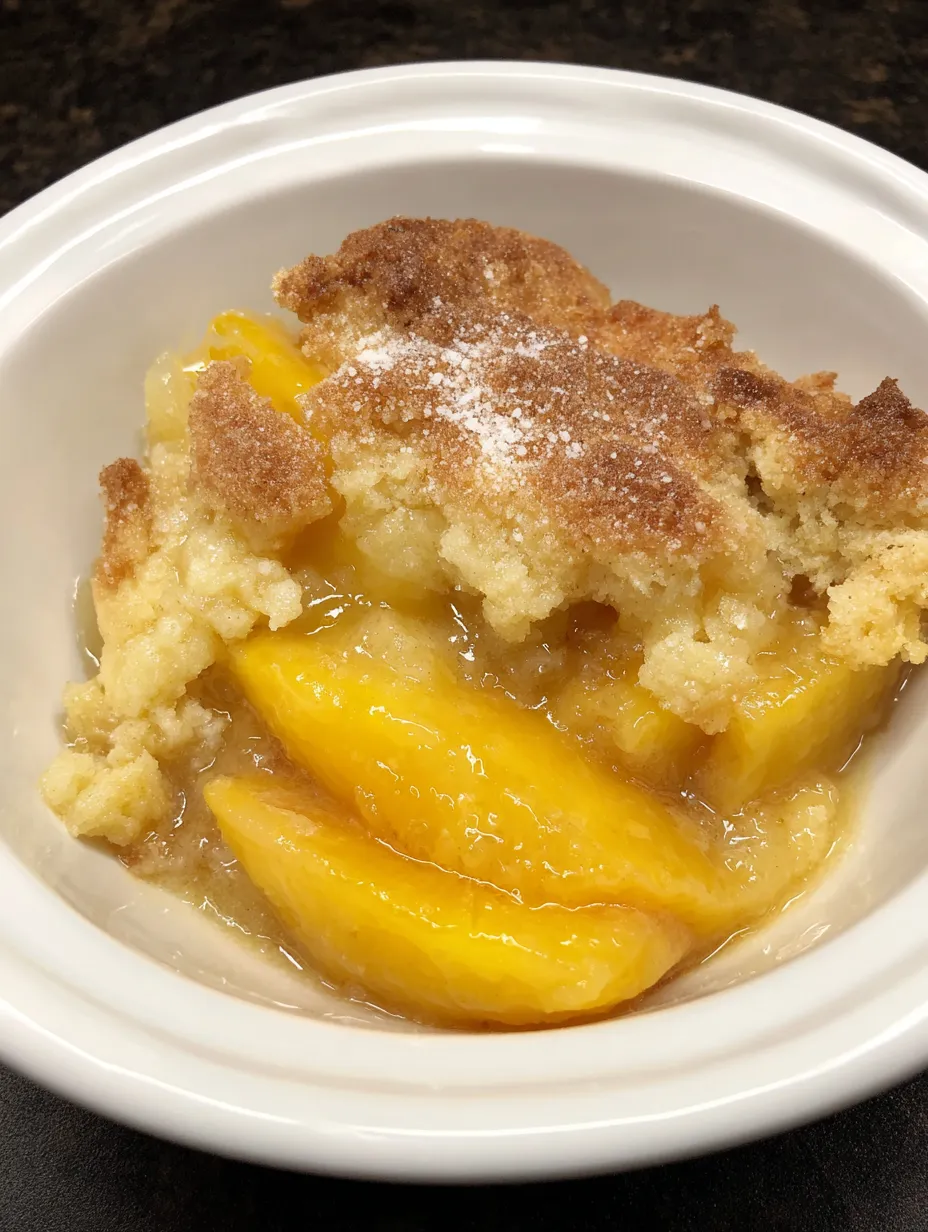 A bowl of peach cobbler with a spoon in it.