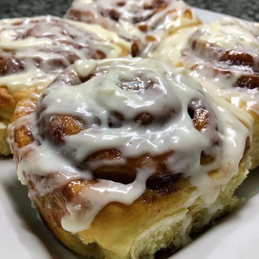 A plate of cinnamon rolls with icing.