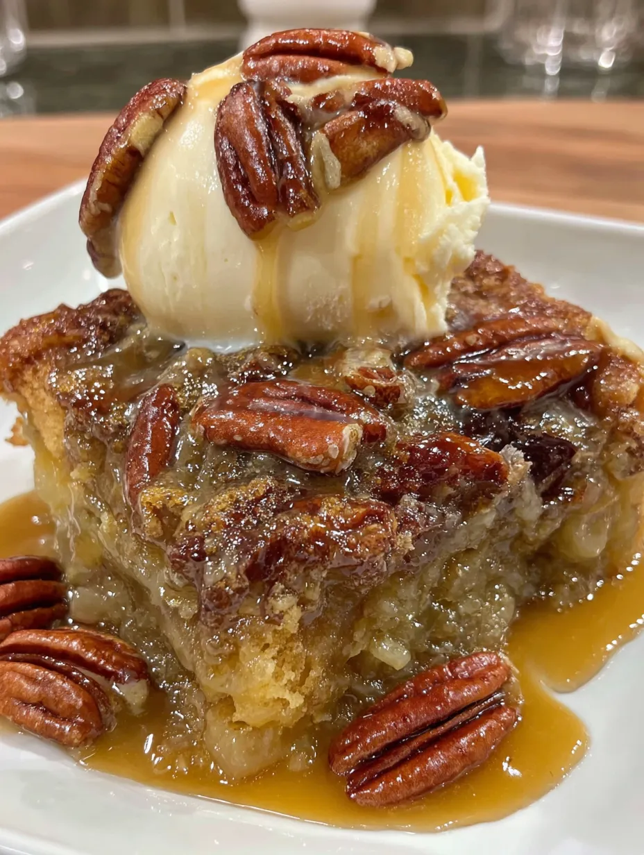 A slice of pecan pie cobbler with a scoop of ice cream on top.