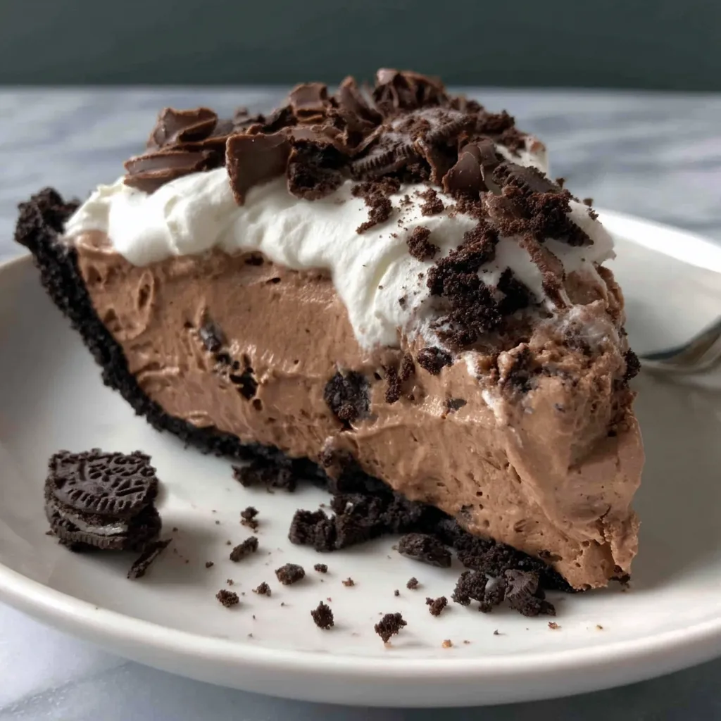A slice of Oreo chocolate mousse pie.