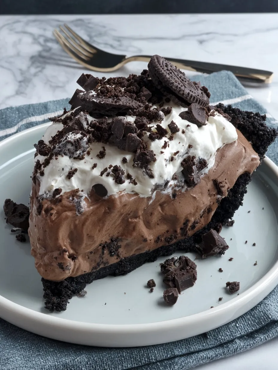 A slice of Oreo chocolate mousse pie.
