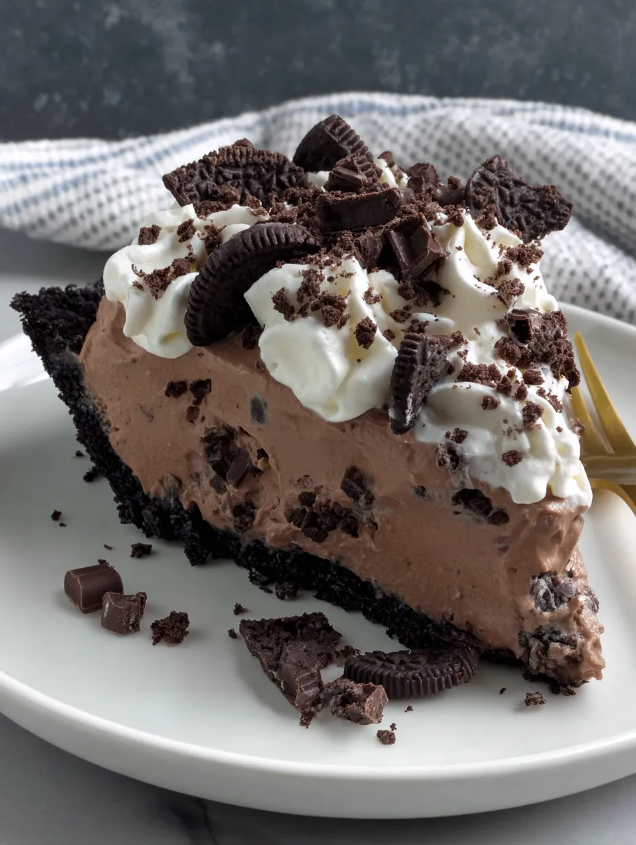A slice of chocolate mousse pie with white cream and chocolate chips.