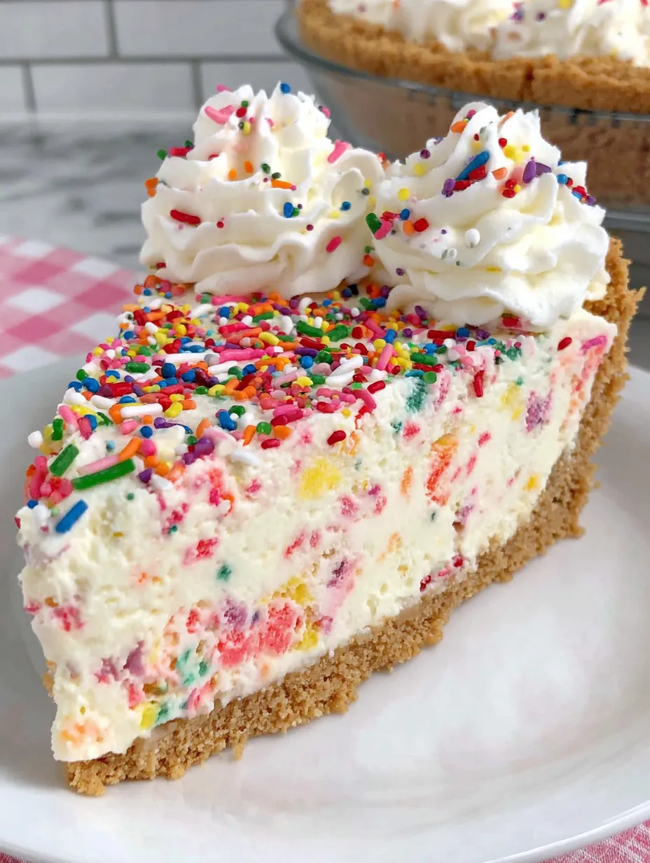 A slice of funfetti cheesecake with white whipped cream.
