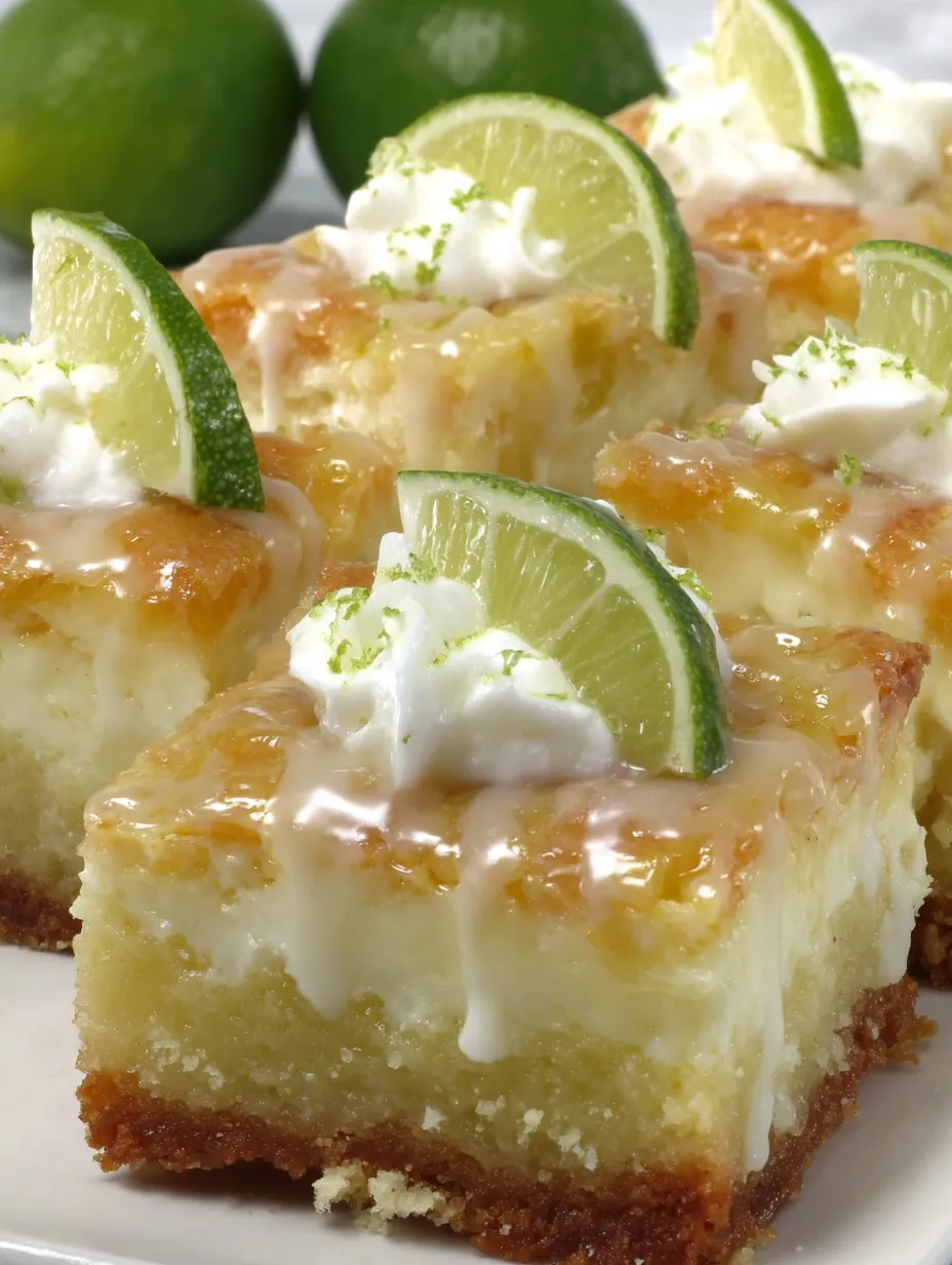 A plate of sliced cake with white icing and lime wedges on top.
