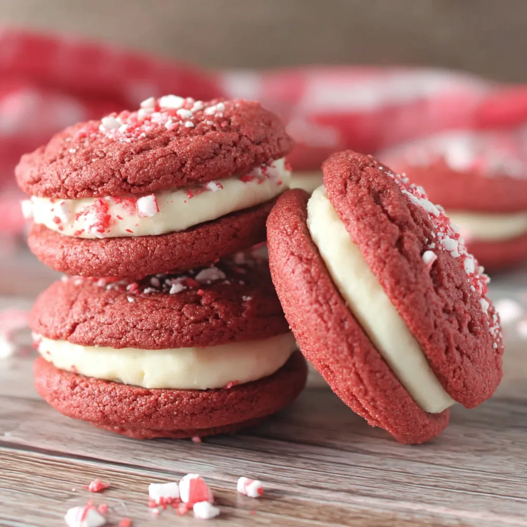 Red velvet sandwich cookies with white frosting.