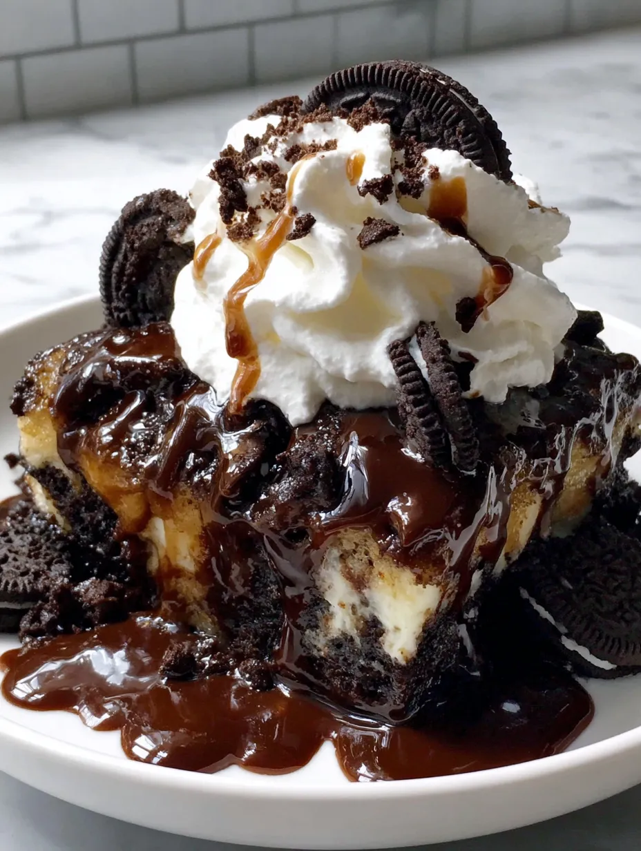 A chocolate cake with Oreo cookies and whipped cream.