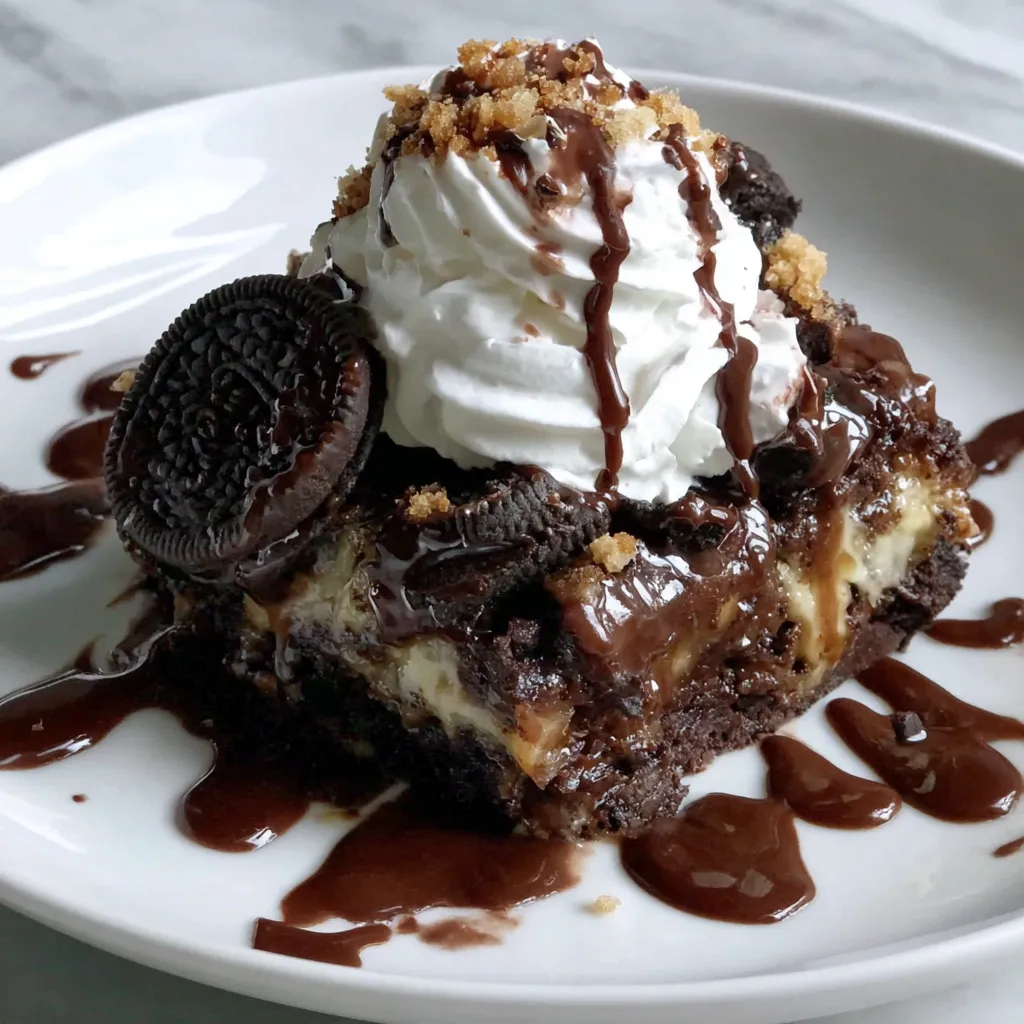 A slice of Oreo Dump Cake with chocolate sauce drizzled on top.