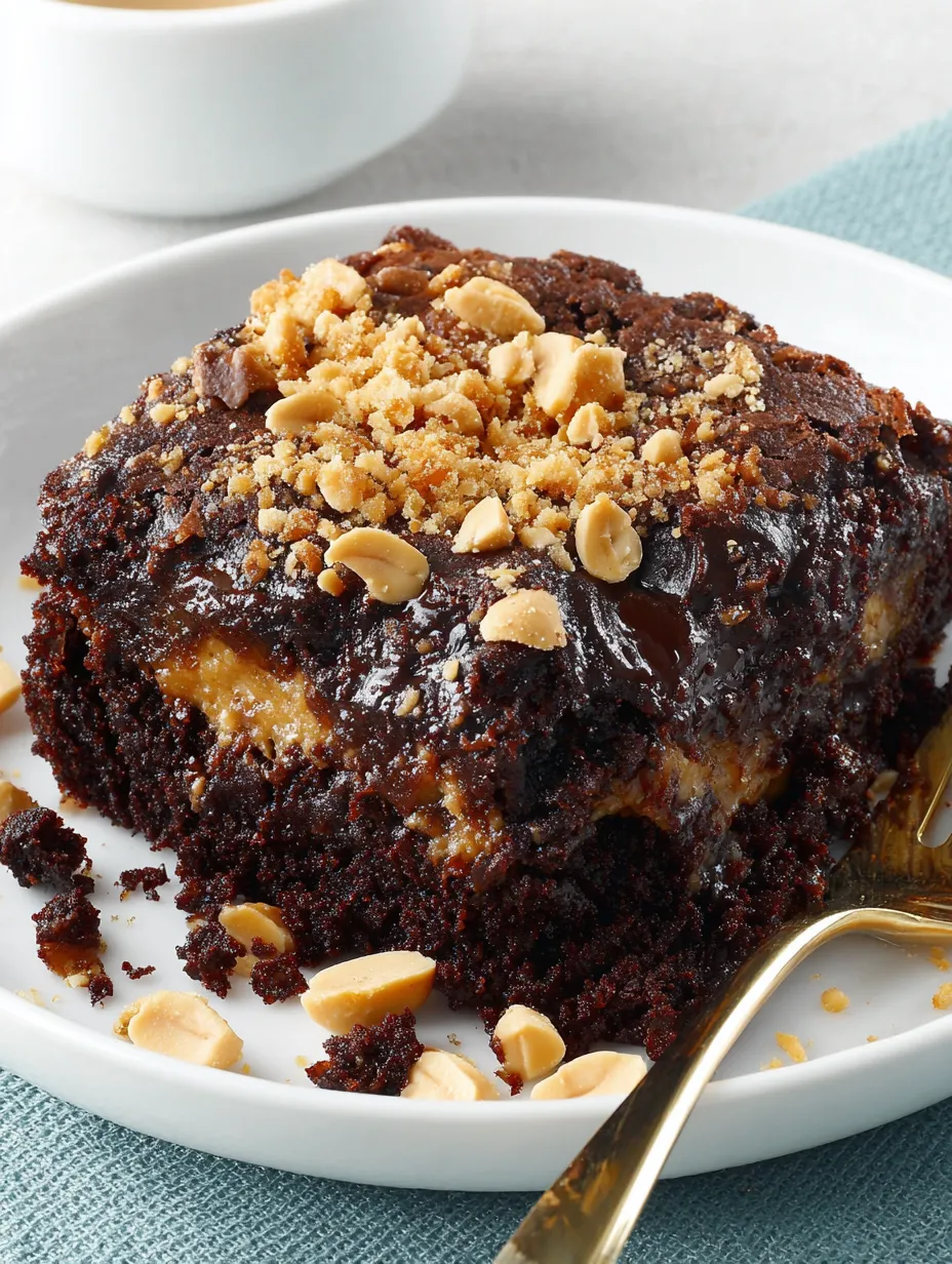 A chocolate-peanut butter dump cake with nuts on top.