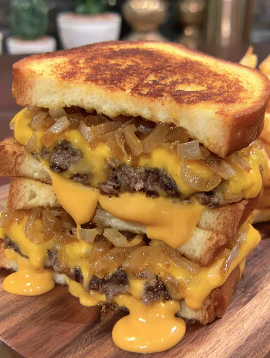 A stack of sandwiches with cheese and onions.