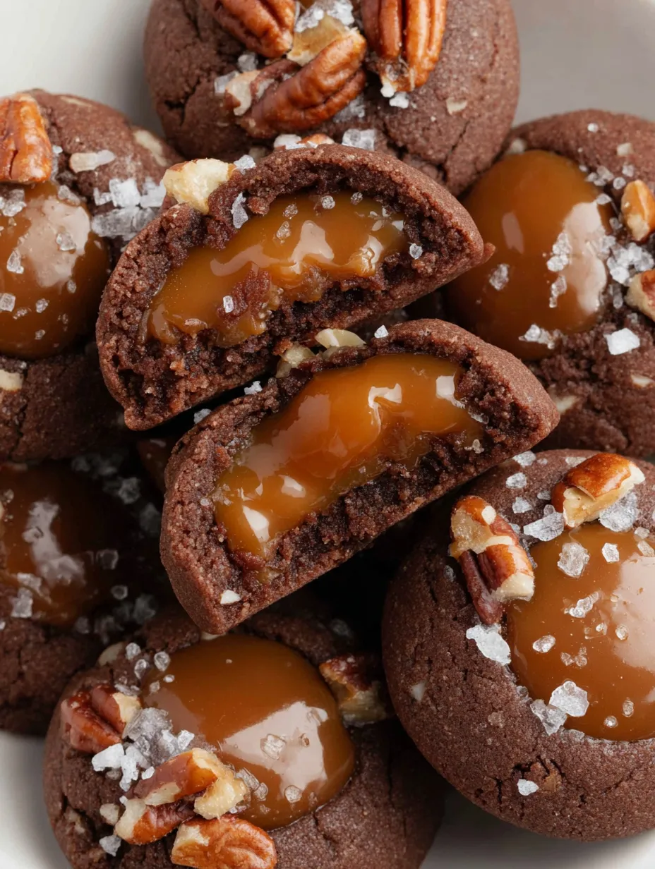 A close up of a chocolate cookie with caramel drizzle and pecans.