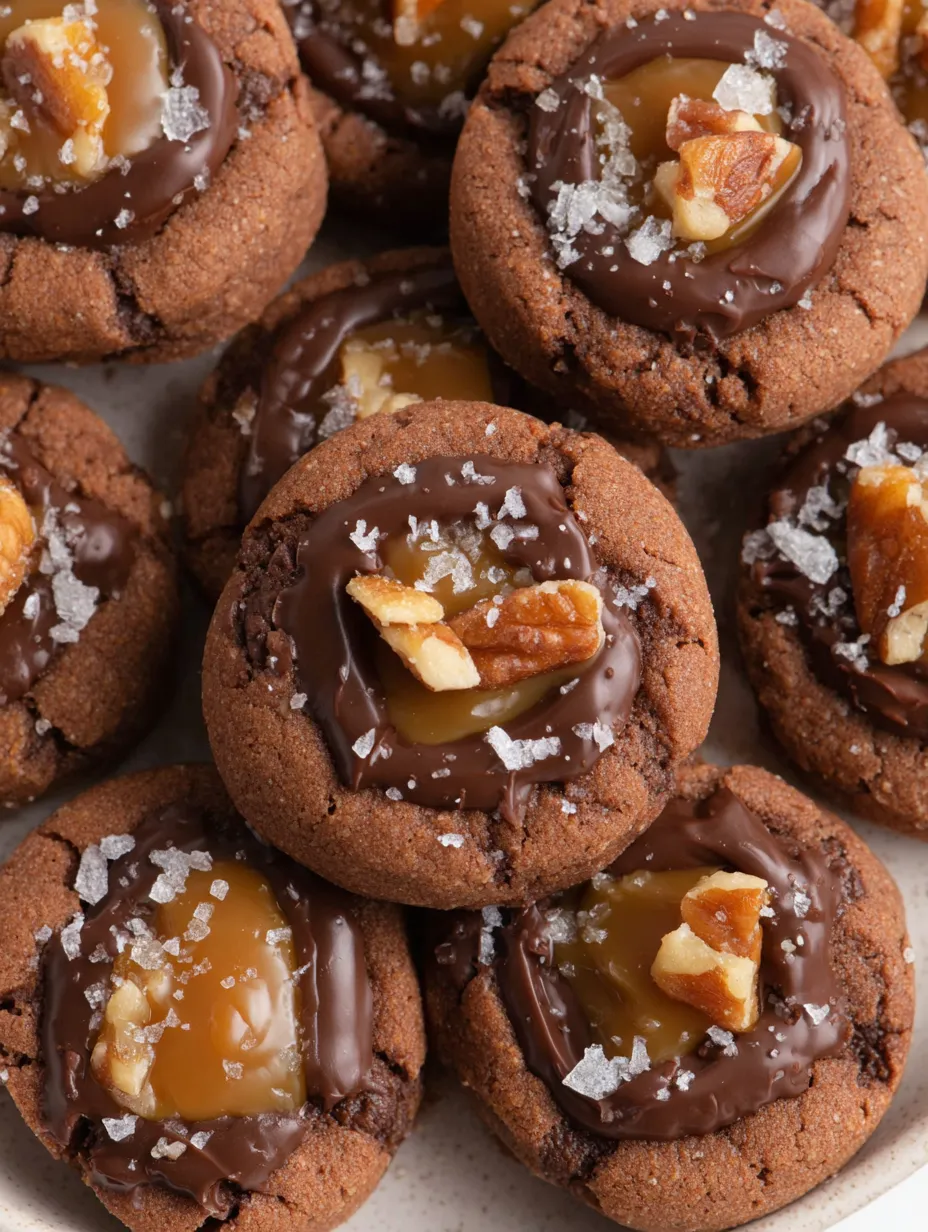 A close up of a chocolate cookie with pecans and caramel.