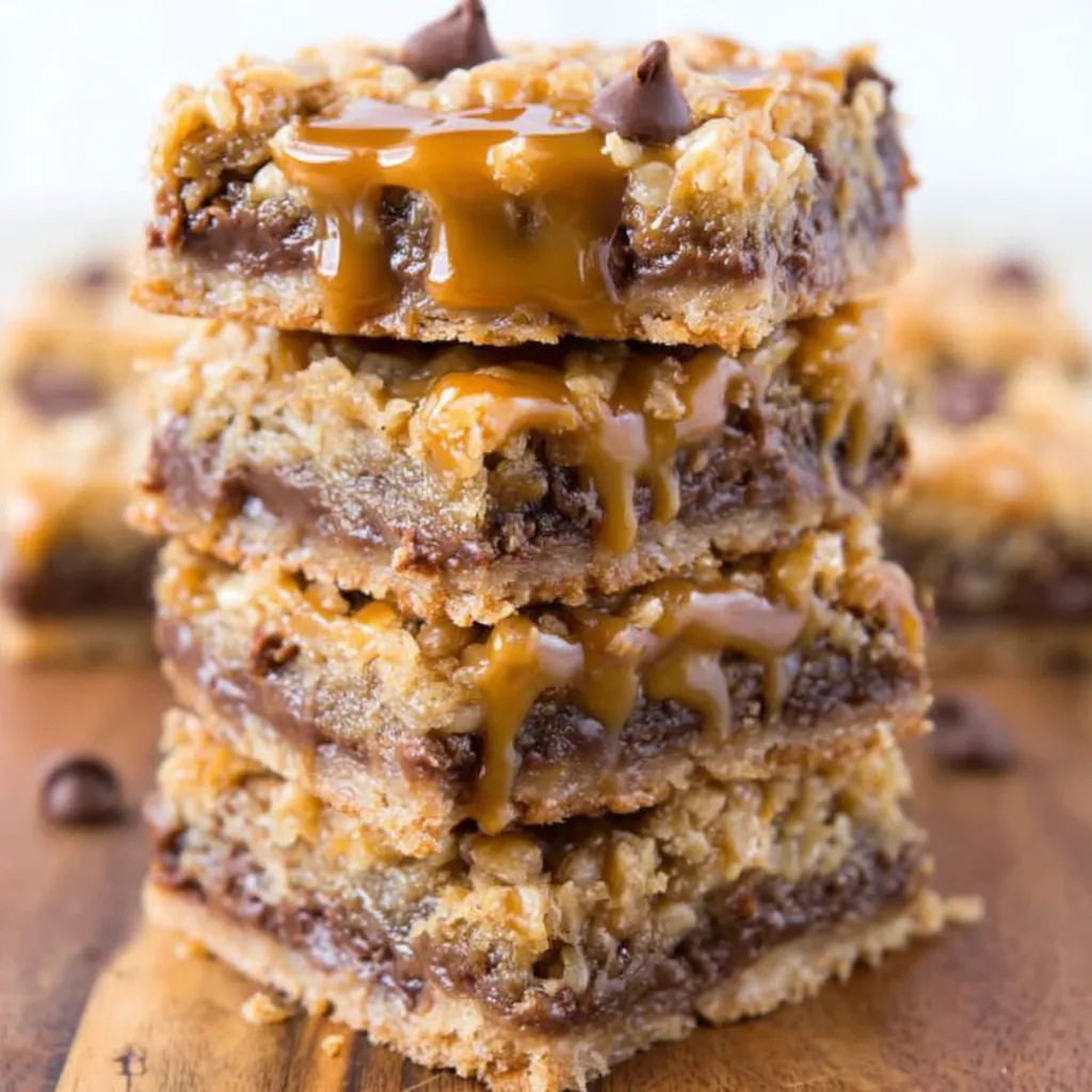A stack of carmelitas with chocolate drizzled on top.
