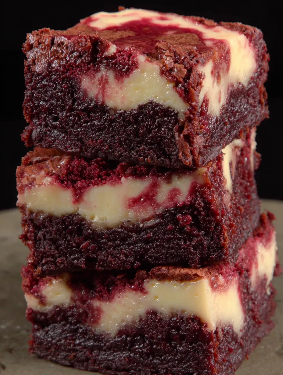 Three layers of red velvet cheesecake brownies stacked on top of each other.