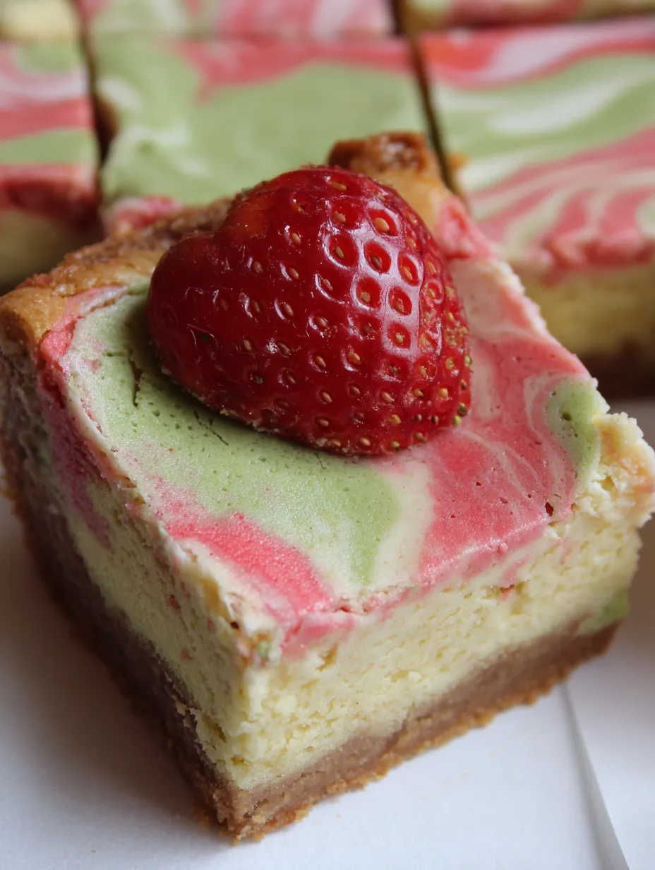 A slice of strawberry matcha latte cheesecake bars.