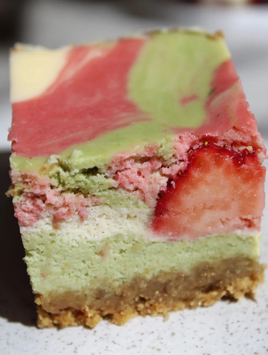 A slice of a Strawberry Matcha Latte Cheesecake Bar.