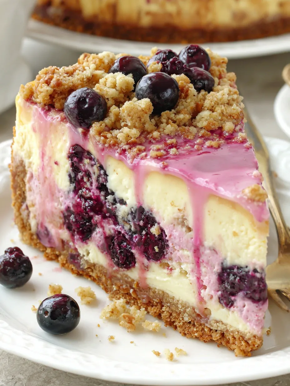 A slice of blueberry crumble cheesecake.