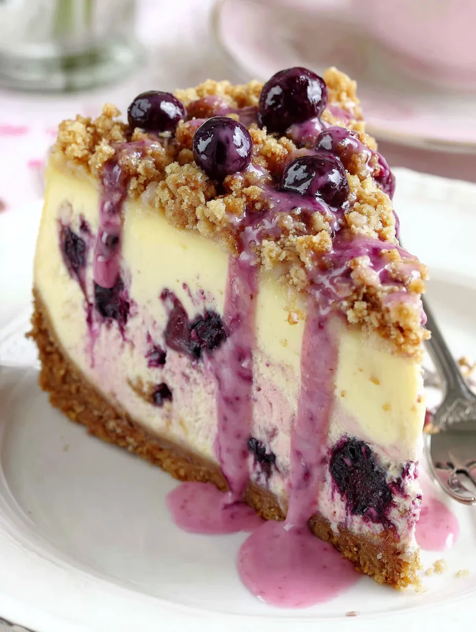 A slice of blueberry crumble cheesecake.