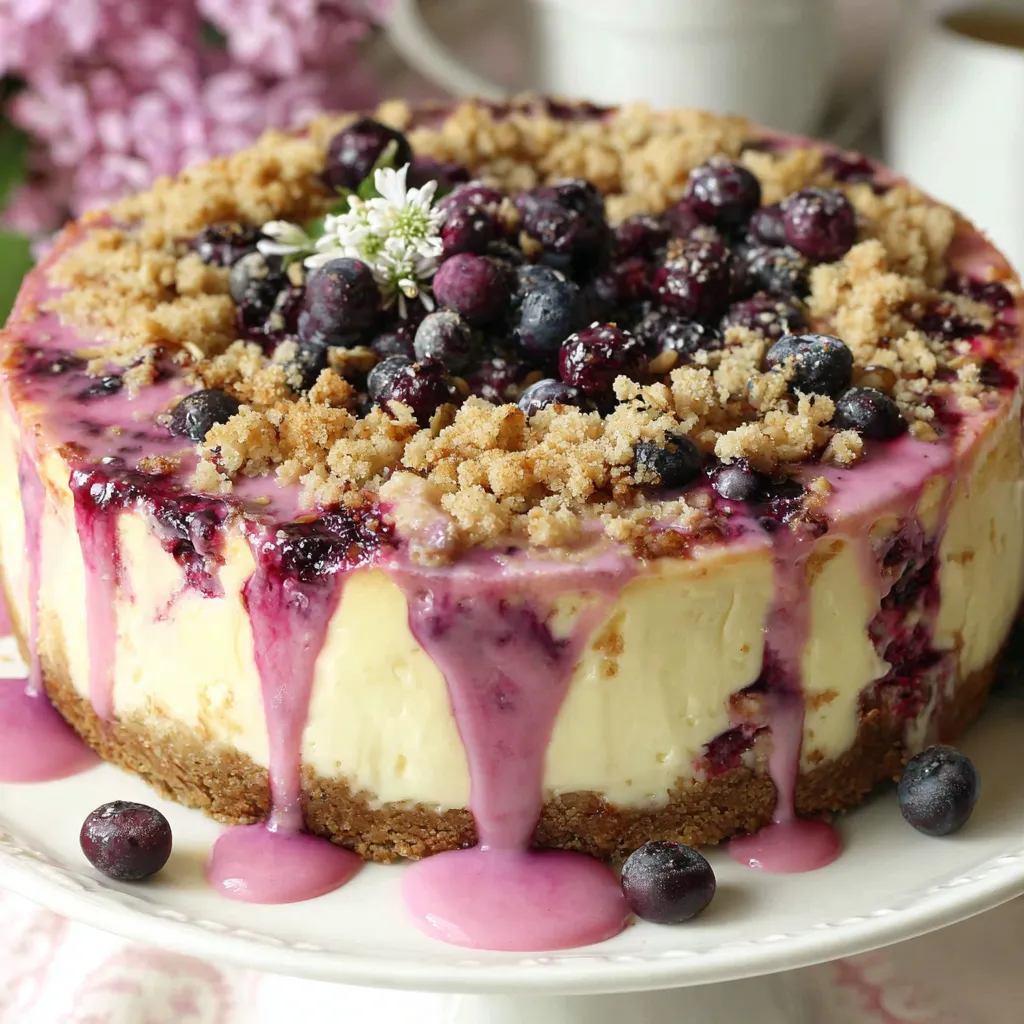 A slice of blueberry crumble cheesecake.