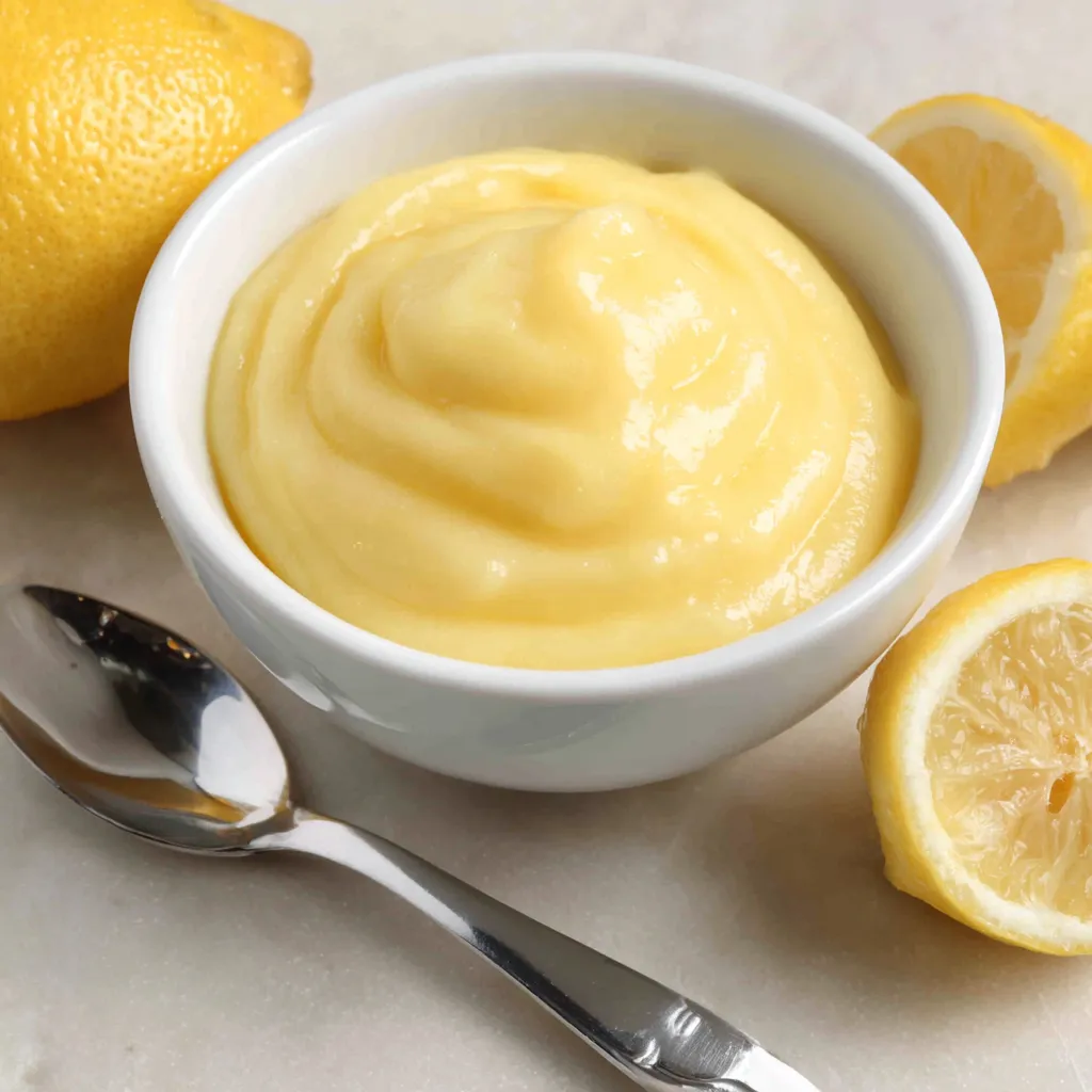 A small batch of lemon curd in a white bowl.