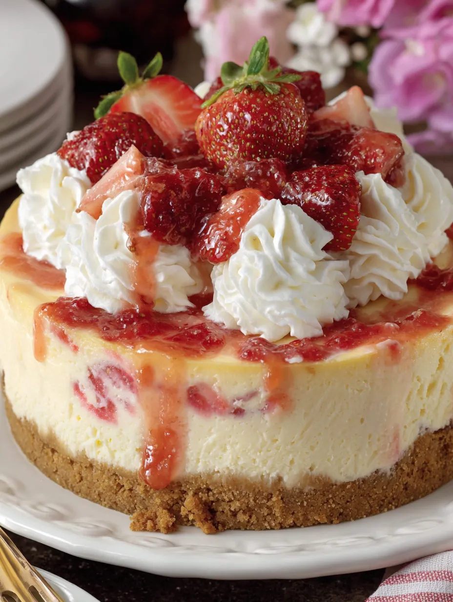 A slice of strawberry and cream cheesecake.