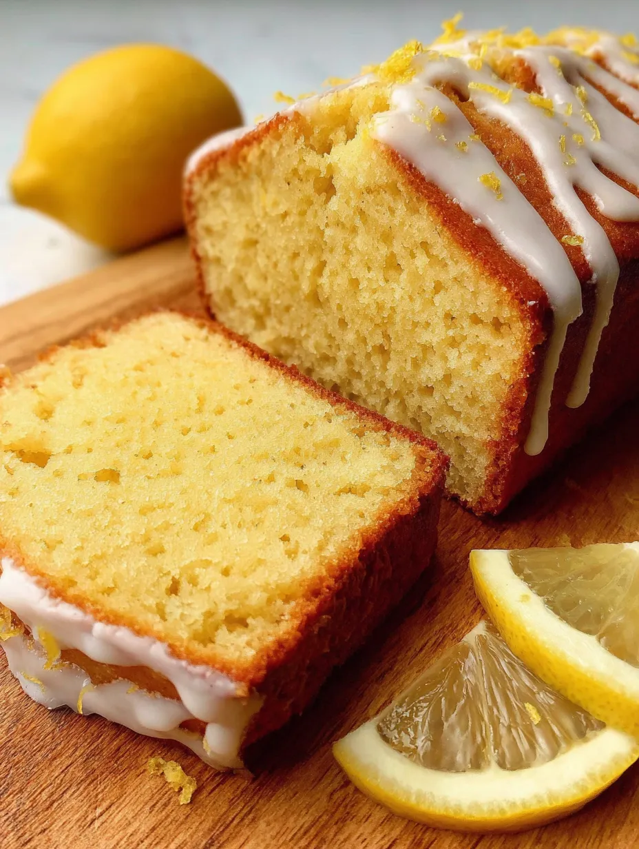 A slice of a lemon loaf with white icing.
