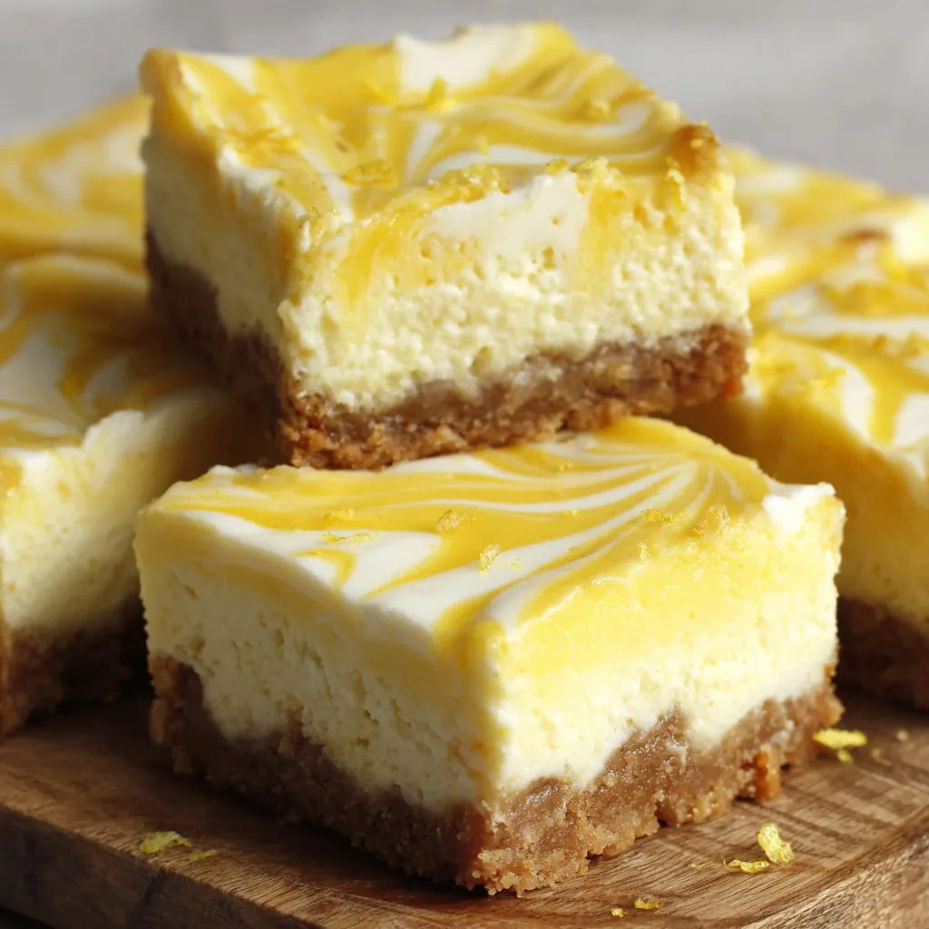 A close up of a swirled lemon cheesecake bar.