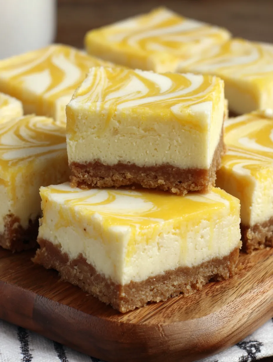 A close up of a swirled lemon cheesecake bar.