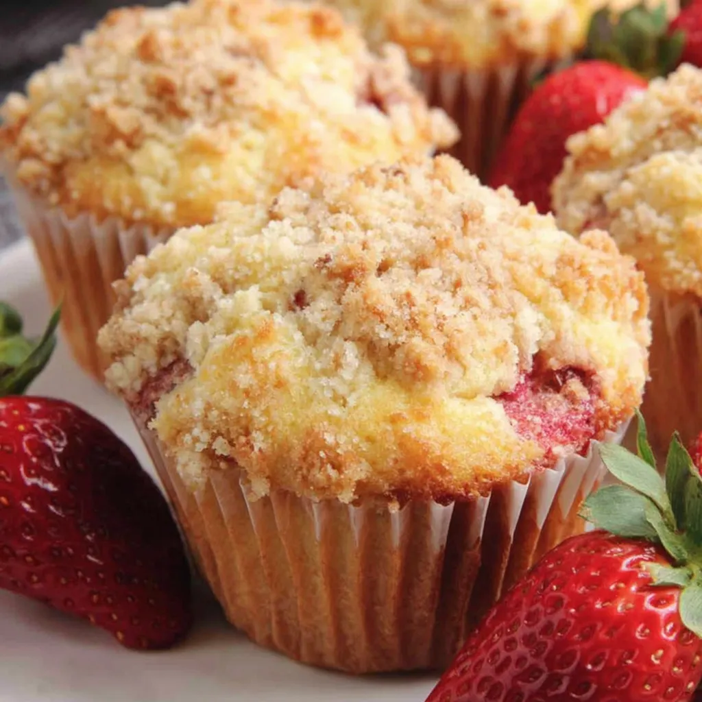 A plate of muffins with strawberries on top.