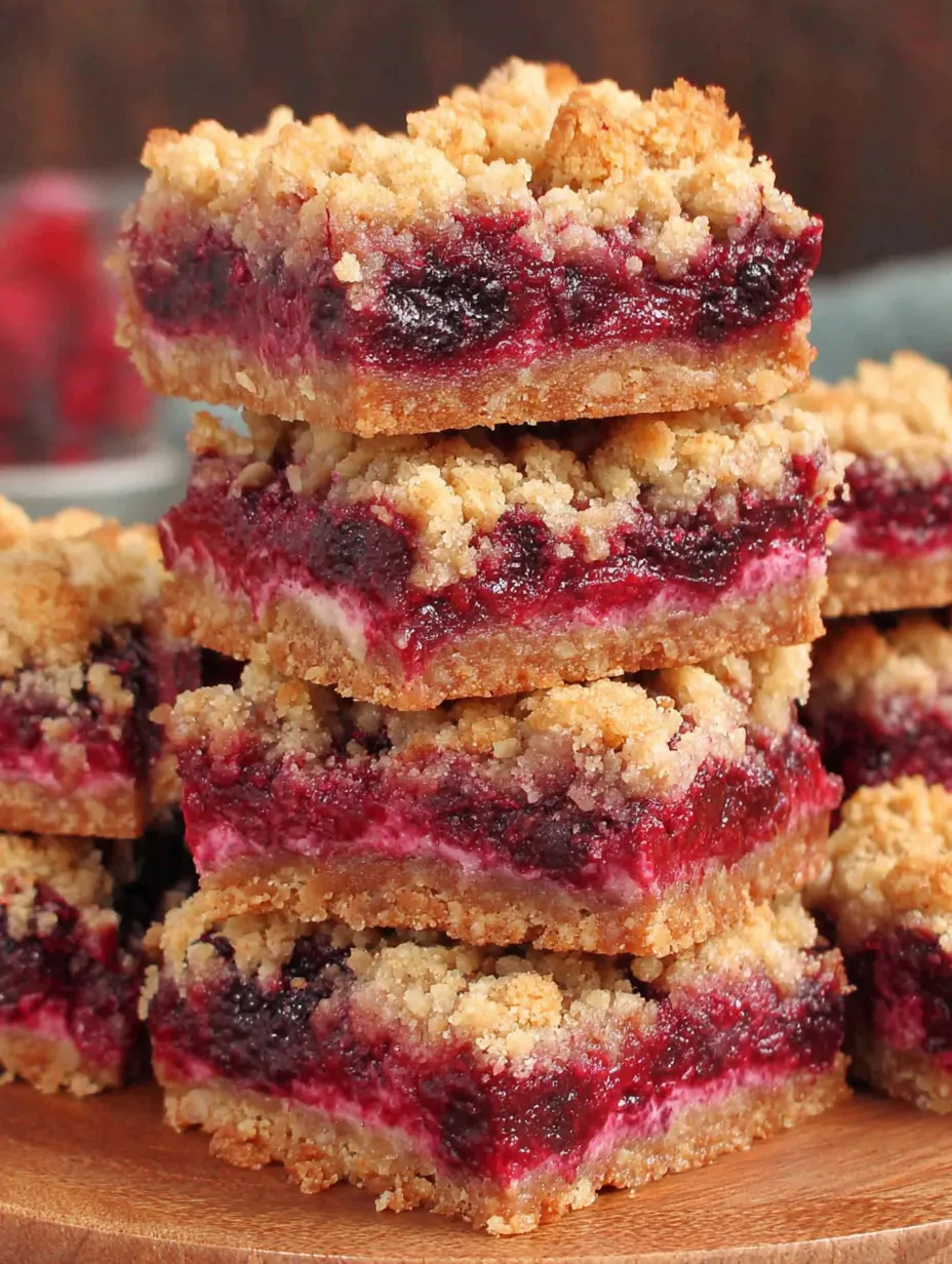 Mixed berry crumble bars stacked on top of each other.