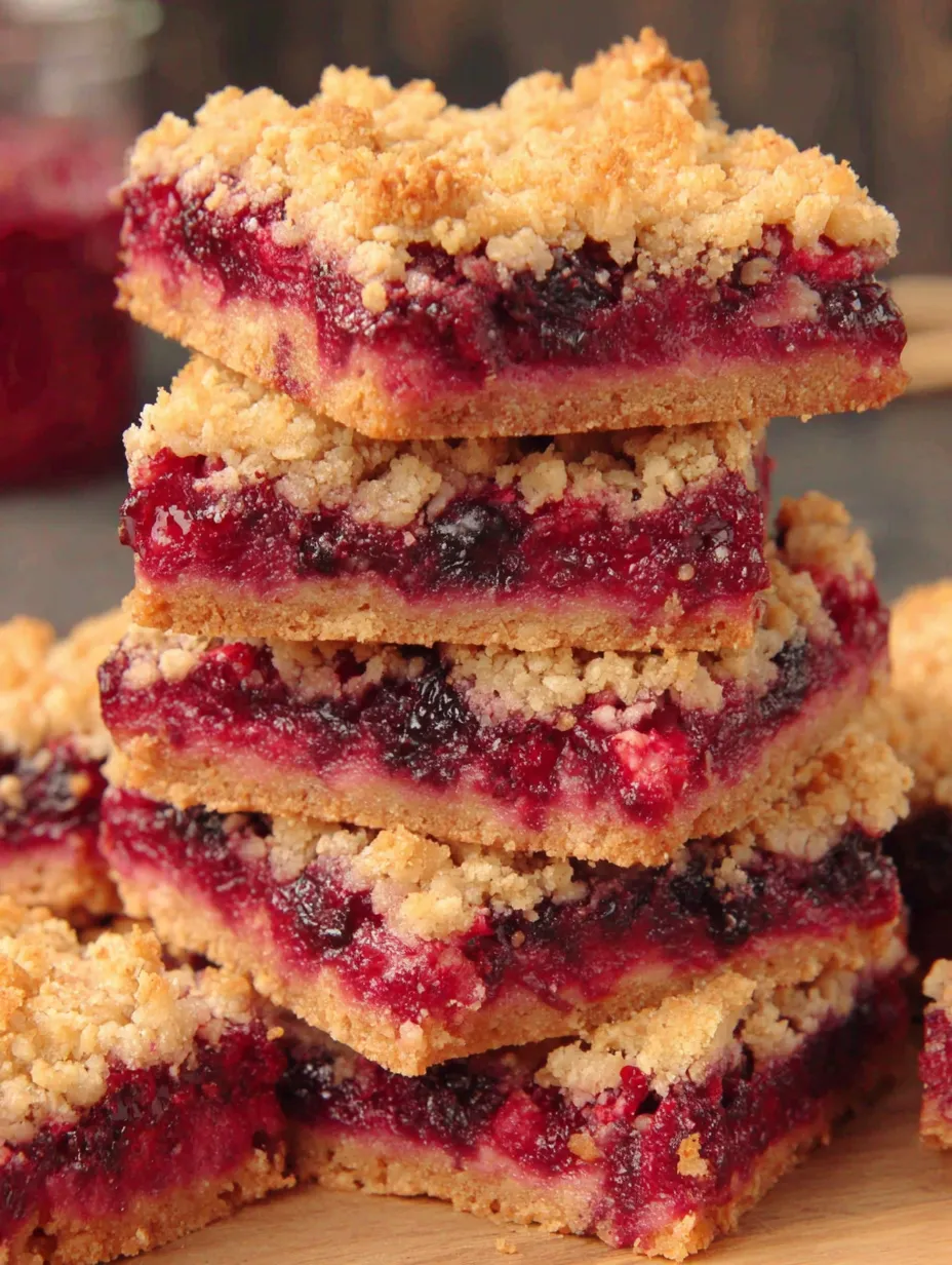 Mixed berry crumble bars stacked on top of each other.