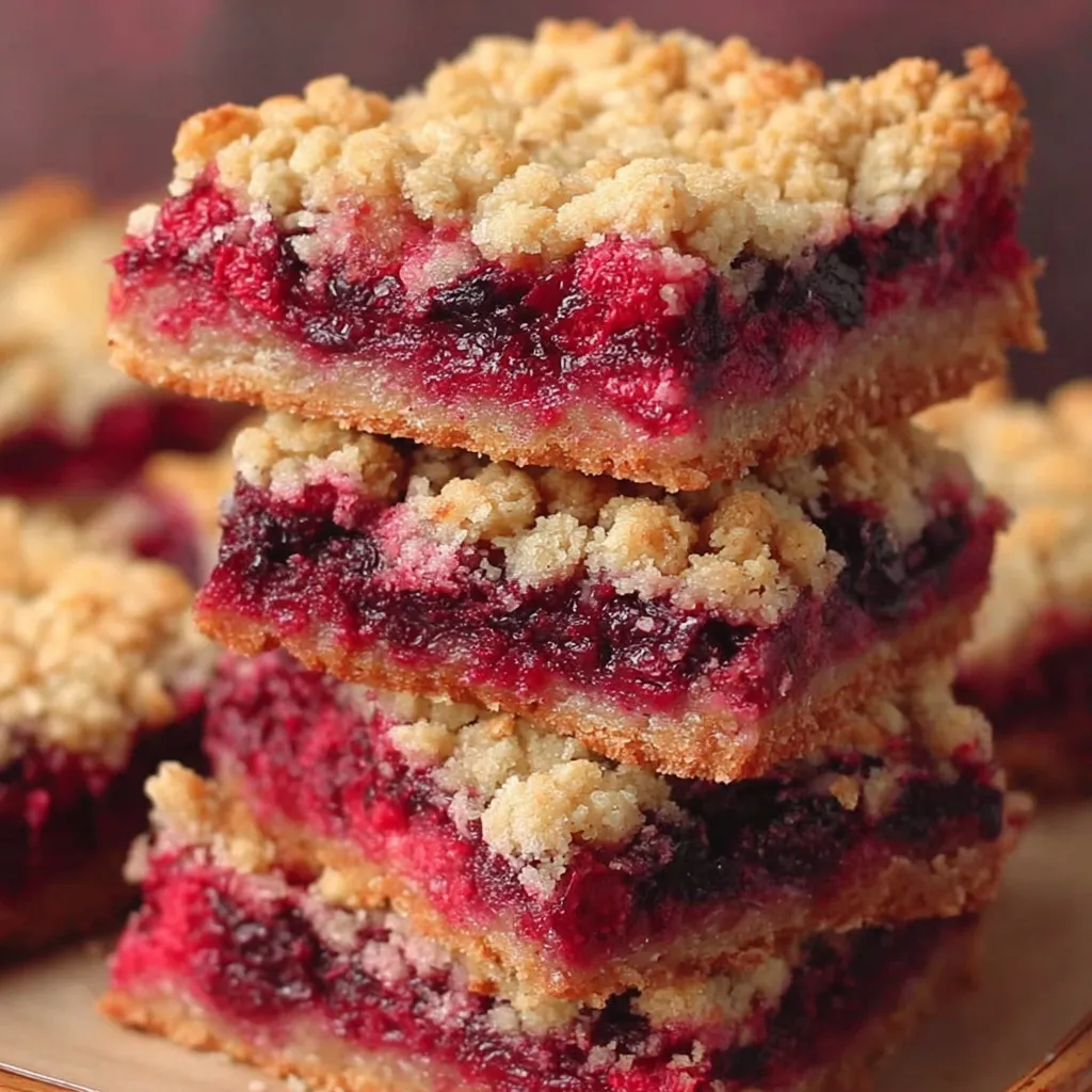 A stack of mixed berry crumble bars.
