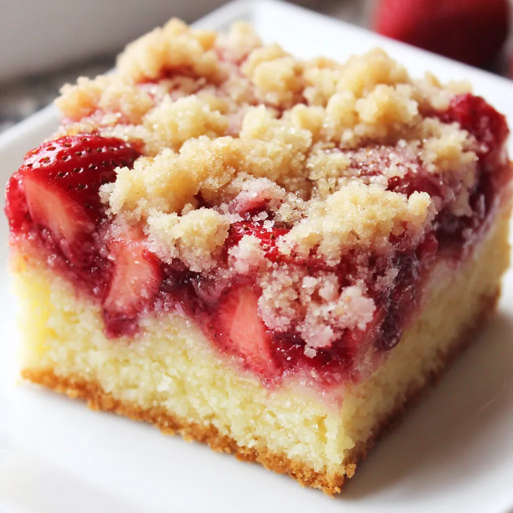 A slice of strawberry crumb cake on a white plate.