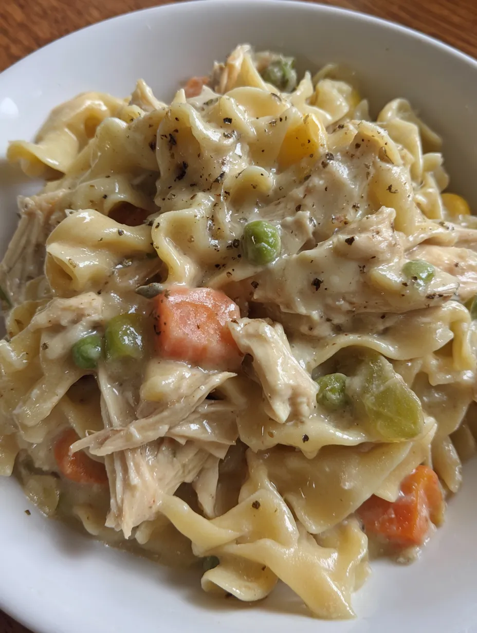 A bowl of pasta with chicken and peas.