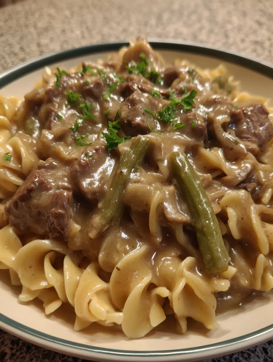 A plate of beef and noodles in a crockpot.