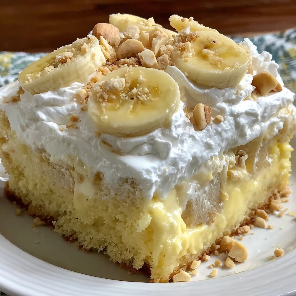 A slice of banana poke cake.