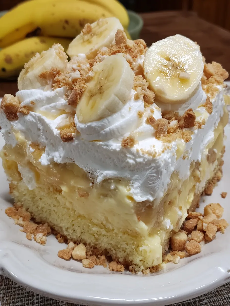 A slice of banana poke cake.