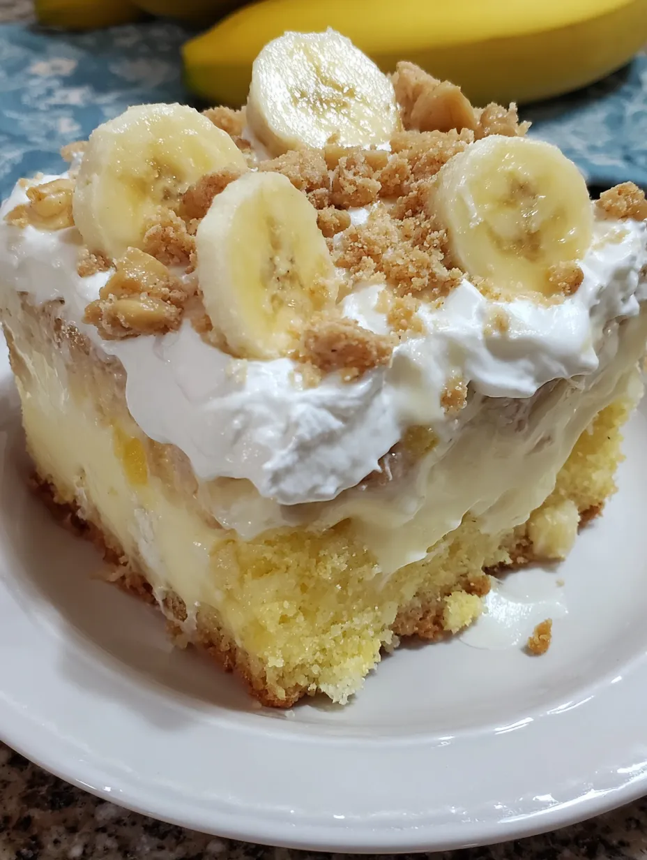 A slice of banana poke cake.