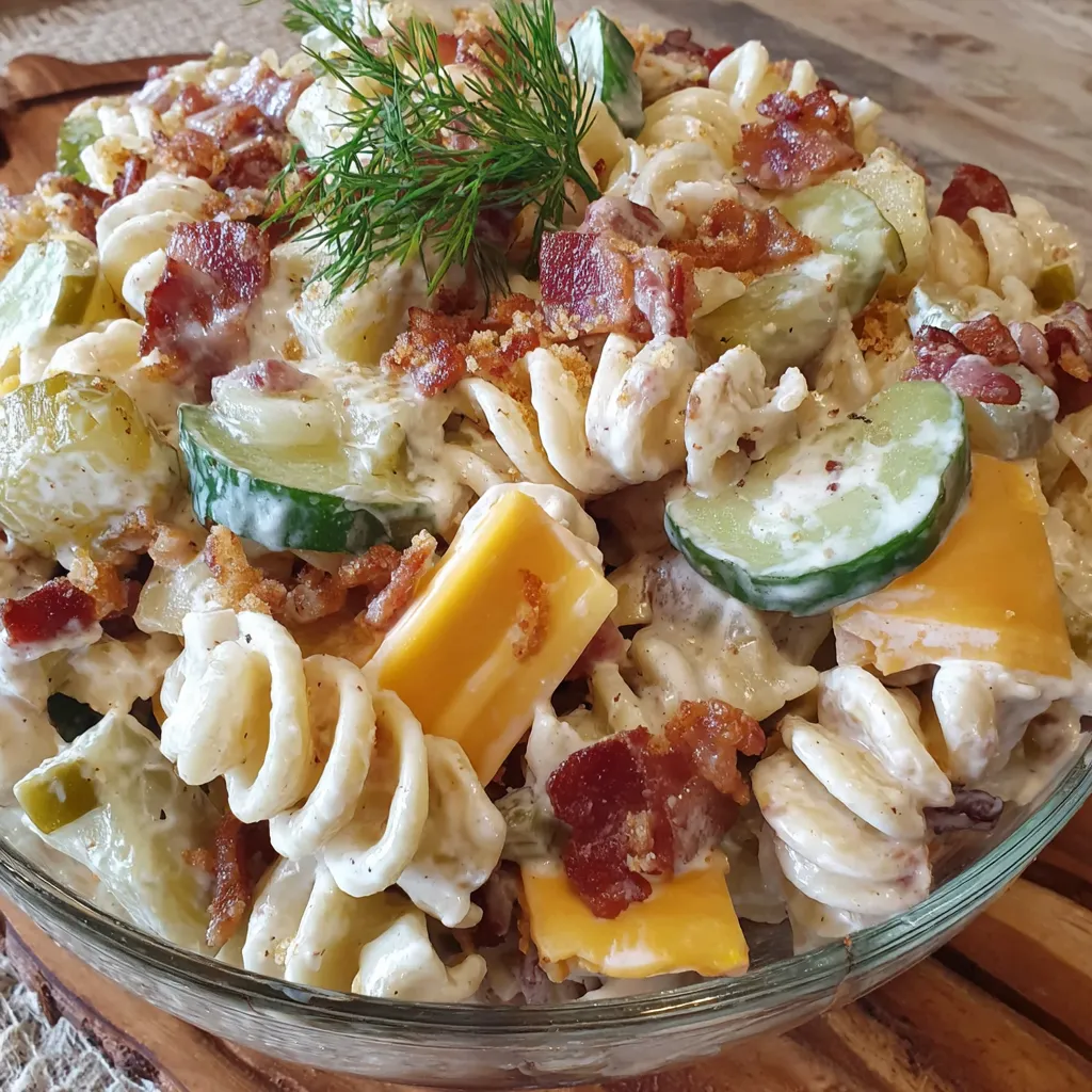 A dish of pasta salad with bacon and dill pickles.