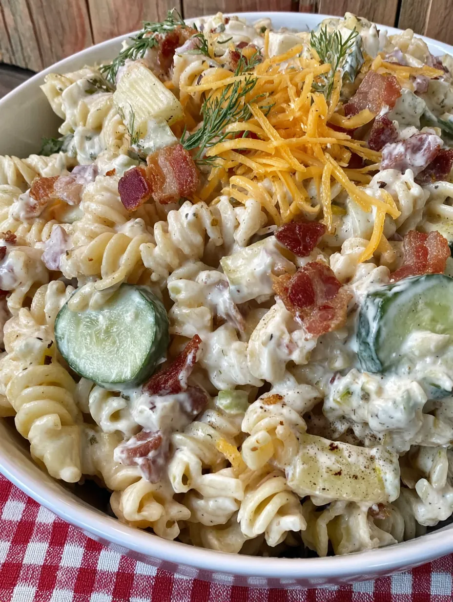 A bowl of pasta salad with cheese, bacon, and dill pickles.
