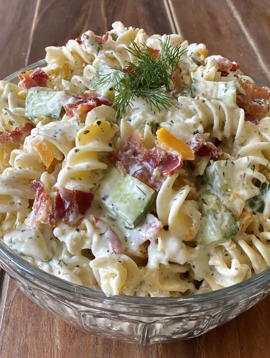 A bowl of pasta salad with bacon and dill pickles.