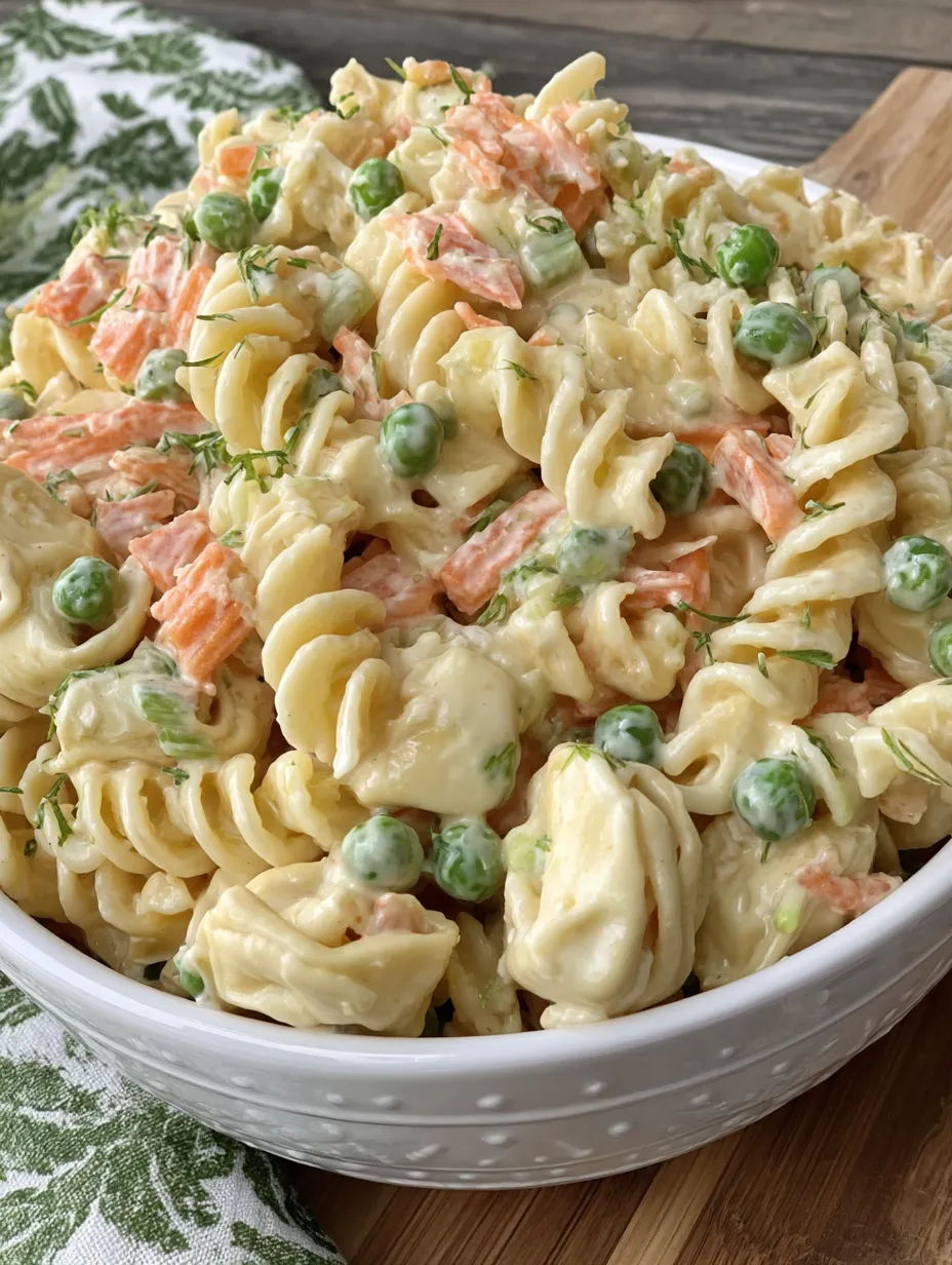 A bowl of creamy pasta salad with peas and carrots.