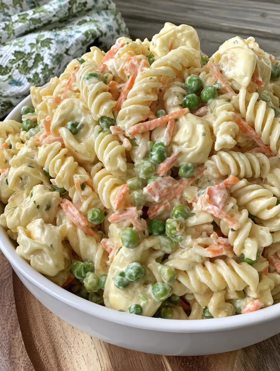 A bowl of creamy pasta salad.